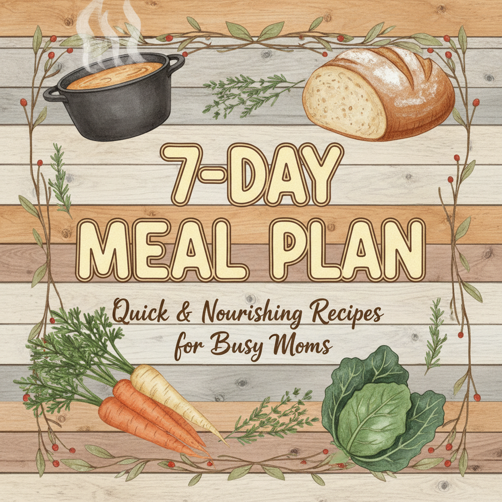 Cozy rustic 7-day meal plan cover for busy moms